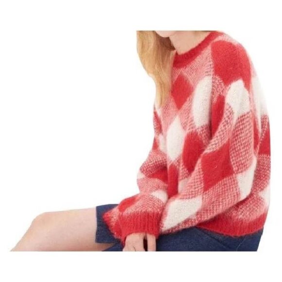 Sandro Sparks Diamond Sweater Red Plaid Mohair Size Small crew neck fluffy - Picture 5 of 11